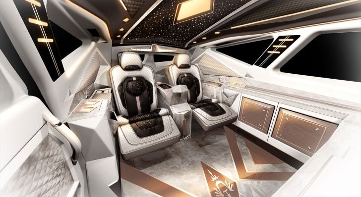 The passengers can relax inside comfortably due to its luxurious interior design and leather couches.
