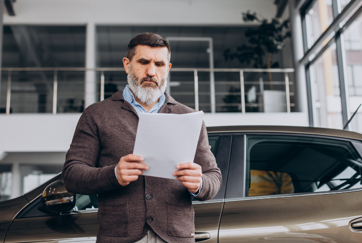 Driver reading car insurance documents carefully