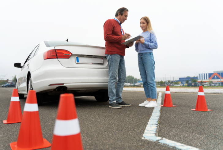 Learner driver reviewing documents before test
