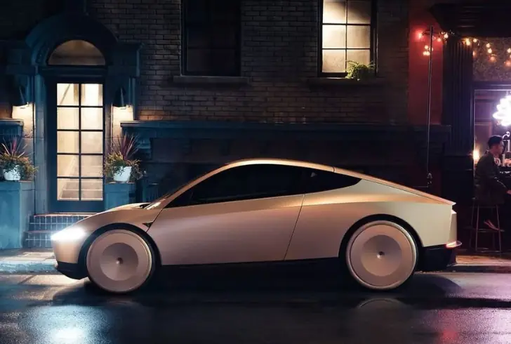Tesla robotaxi with city background