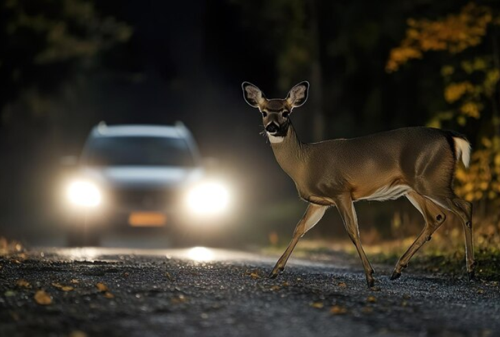 Deer crossing the road in night 