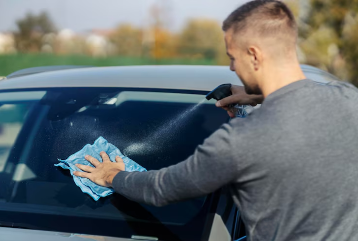 Person cleaning windshield for visibility