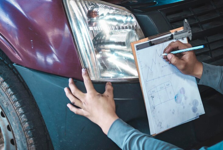 Mechanic adjusts checking car headlight position