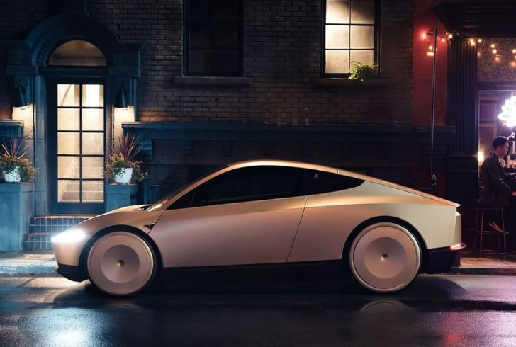 Tesla robotaxi with city background