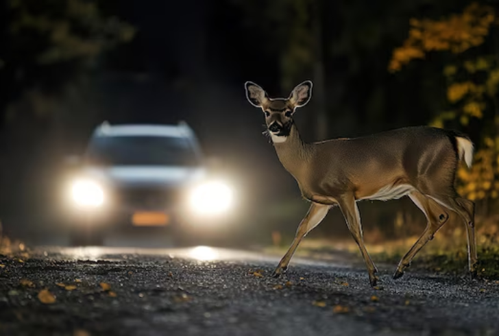 Car headlights shining on dark road