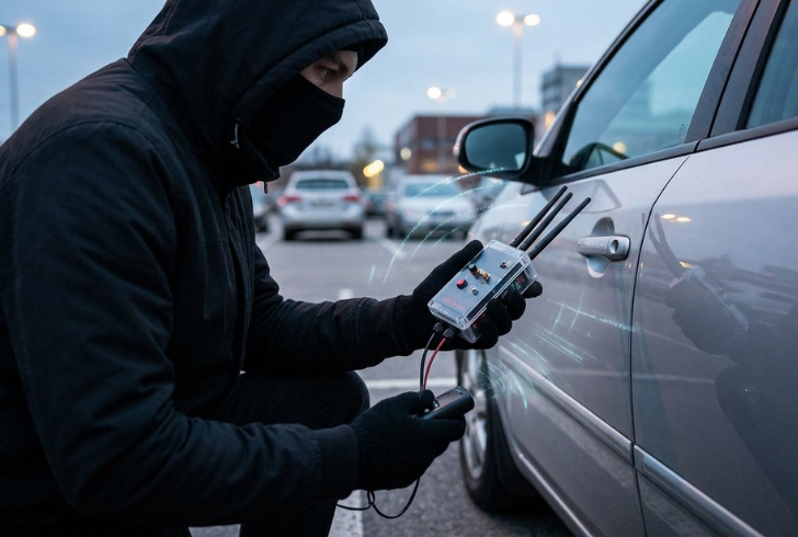 Car thief using keyless signal device